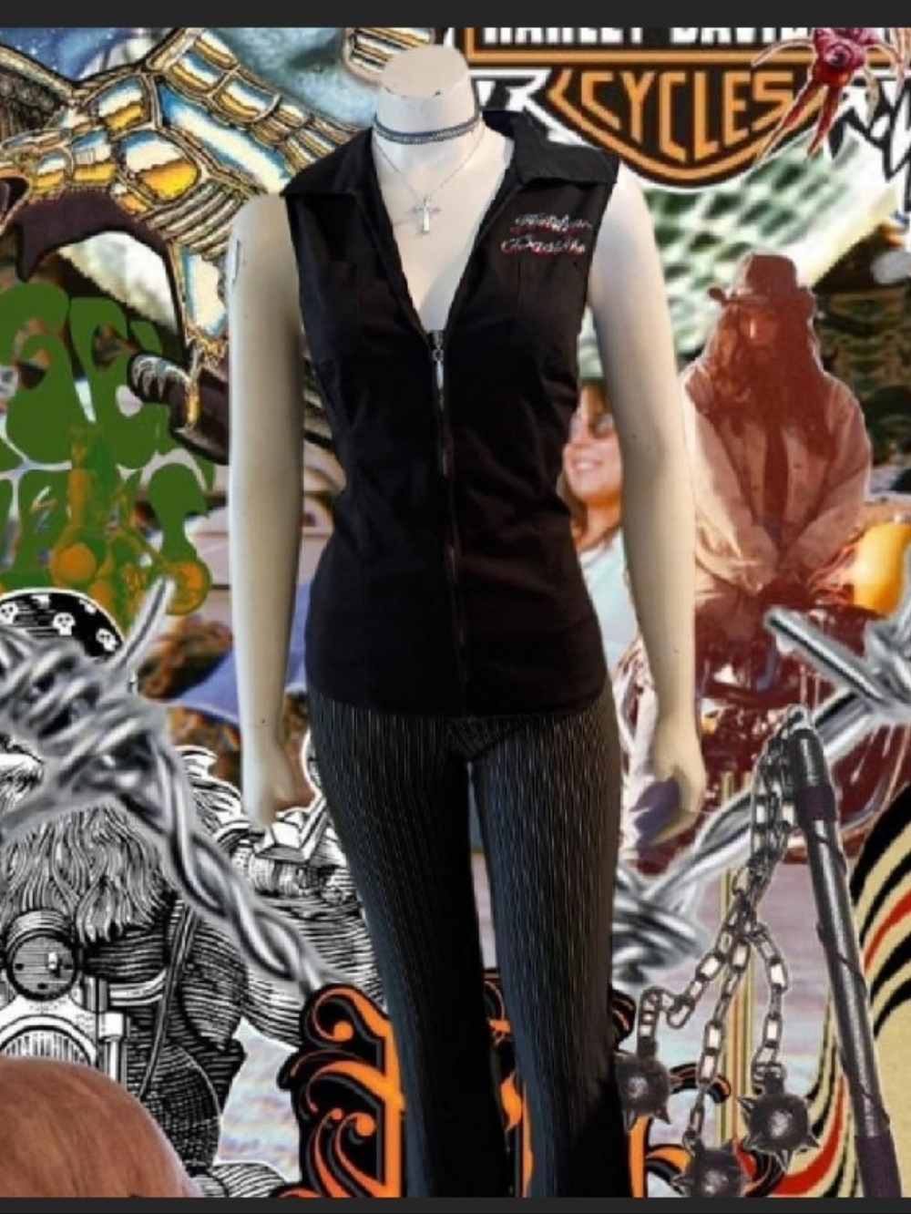 Y2K Harley Davidson women's Lg black zip up Rhinestone Embellished vest Top